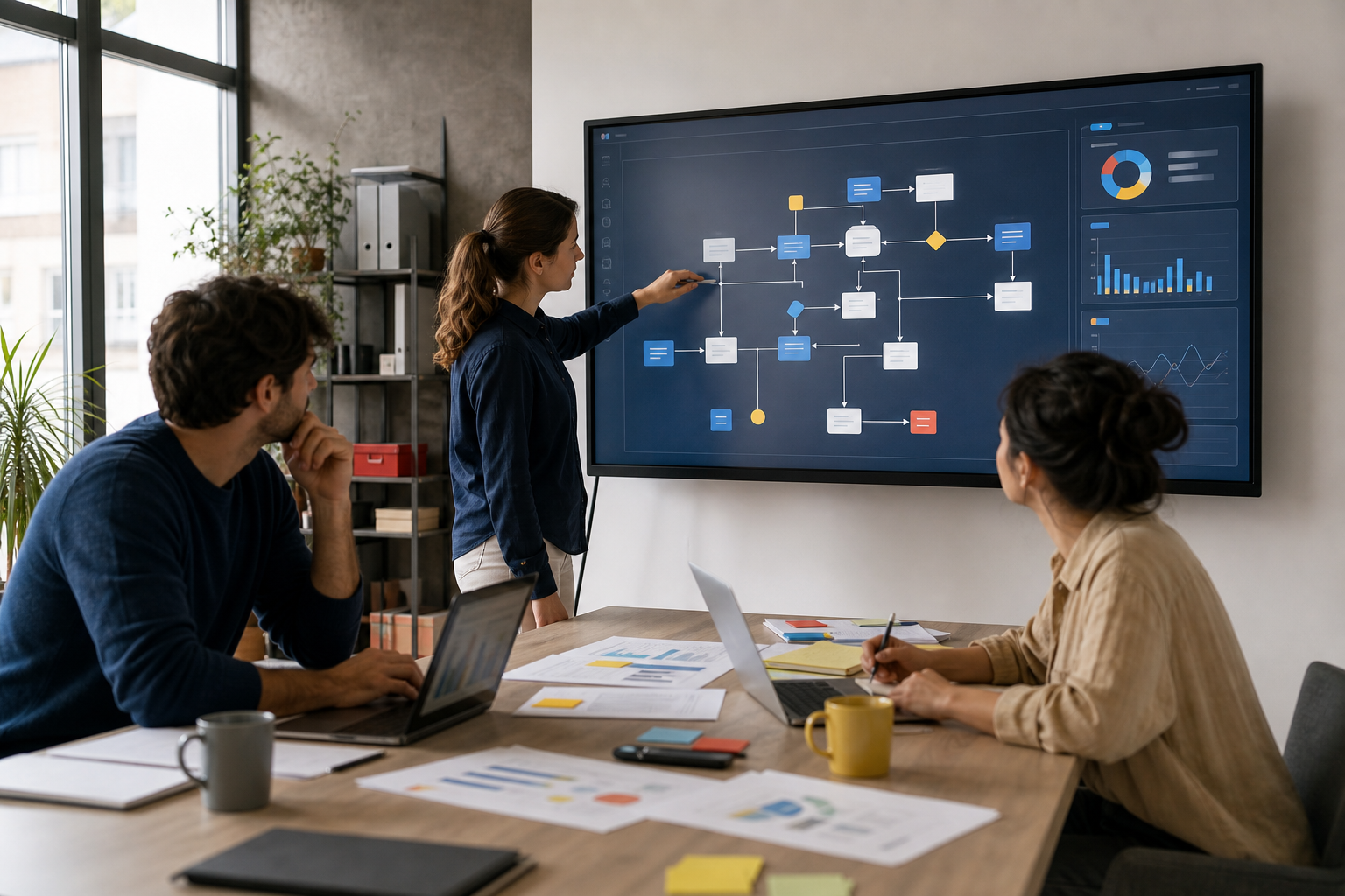 Equipo empresarial analizando un flujo de procesos para automatizar tareas