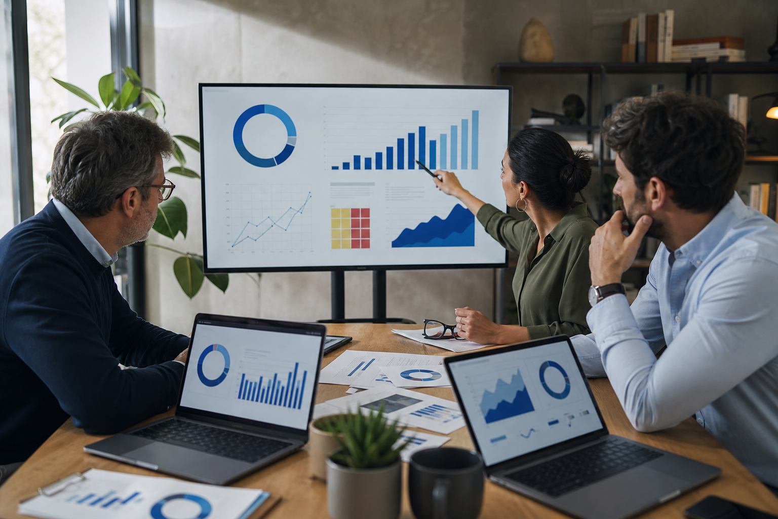 Equipo directivo interpretando indicadores conectados en un dashboard empresarial