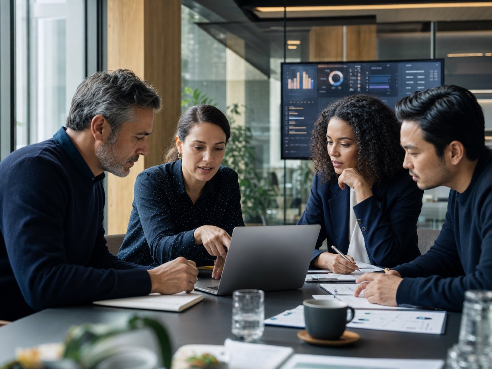 Equipo profesional analizando procesos y datos en una oficina contemporánea